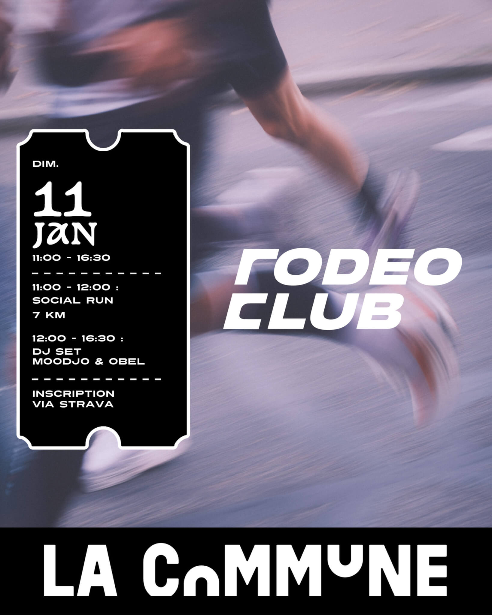 Affiche Fodeo Club à La Commune avec social run de 7 km suivi d’un DJ set Moodjo & Obel, dimanche 11 janvier de 11h à 16h30, inscription via Strava.