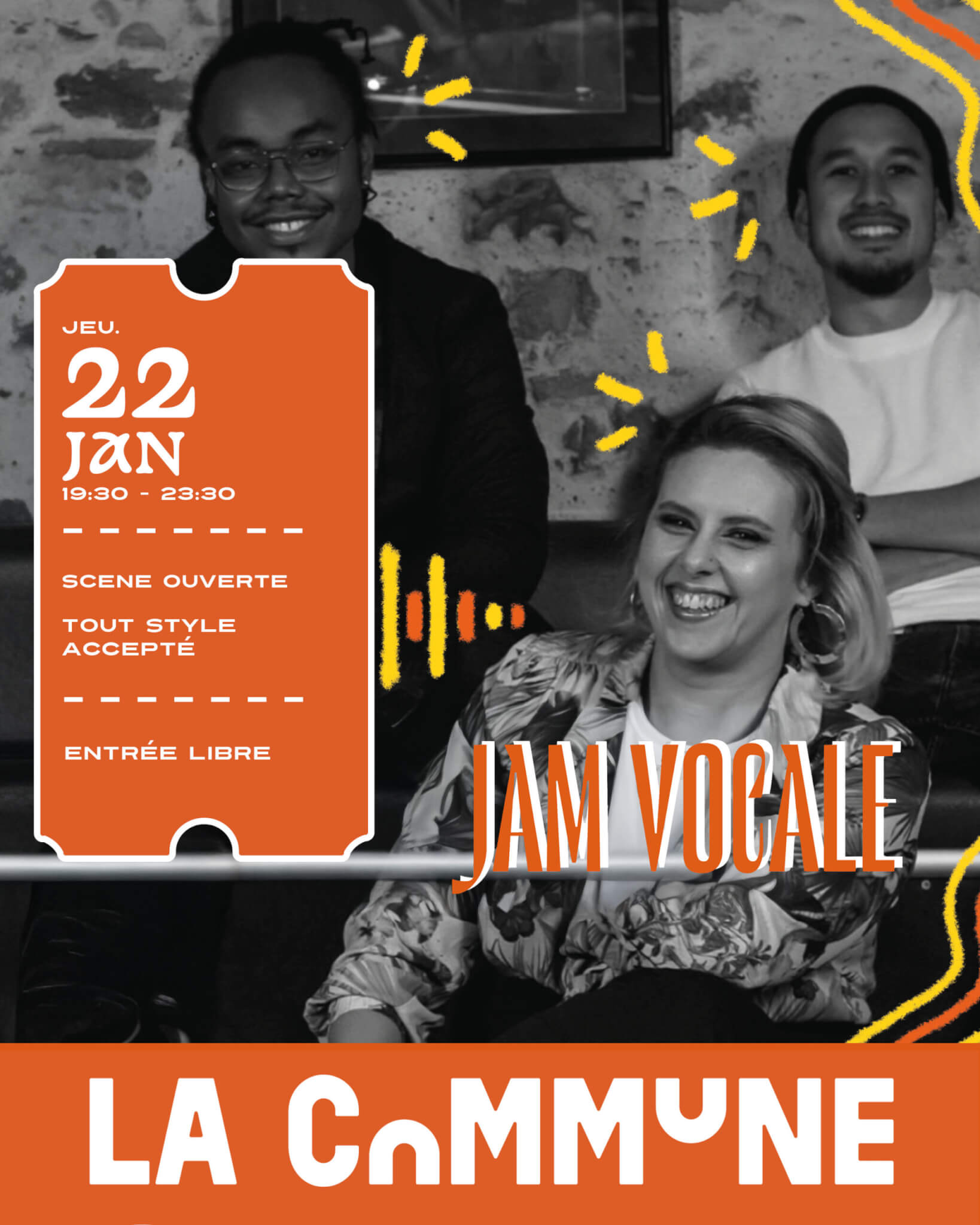 Affiche Jam Vocale à La Commune, scène ouverte tout style accepté, jeudi 22 janvier de 19h30 à 23h30, entrée libre.