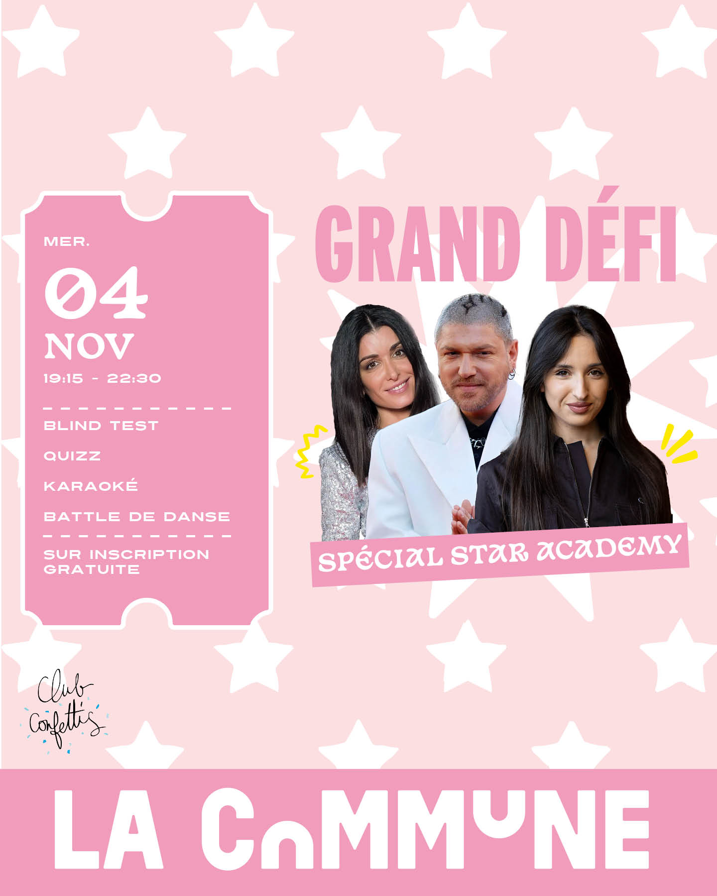 Participez au Grand Défi Star Academy à La Commune à Lyon : karaoké, blind test et quiz musical autour des chansons cultes de la Star Ac’. Inscription gratuite.