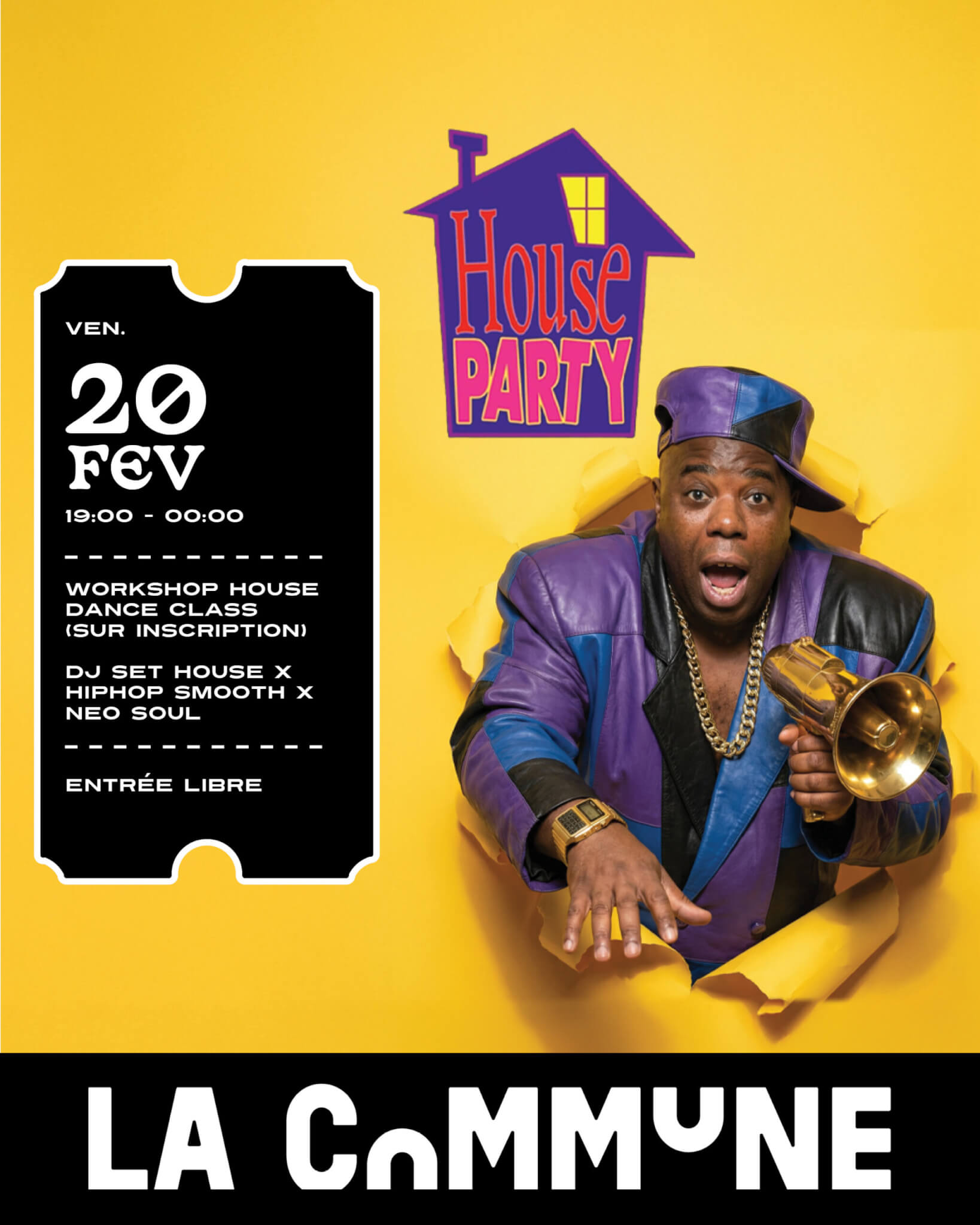 House Party : soirée house, hip-hop smooth et neo soul. Dance class, DJ sets, élection du meilleur look nineties. Entrée libre, viens pour le son, reste pour la vibe !