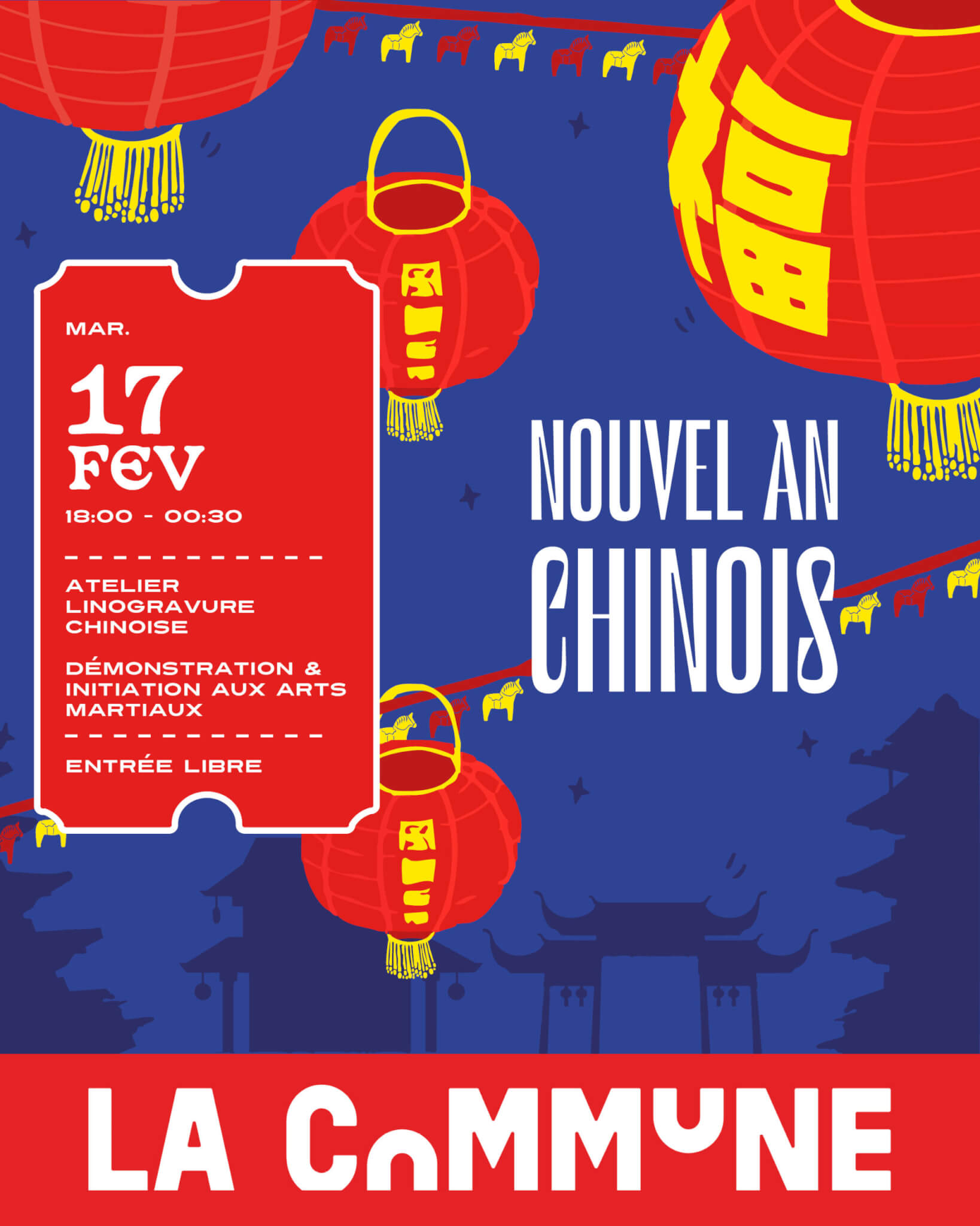 Célébrez le Nouvel An Chinois 2026 – Année du Cheval : danse des dragons, atelier linogravure et arts martiaux. Entrée libre !