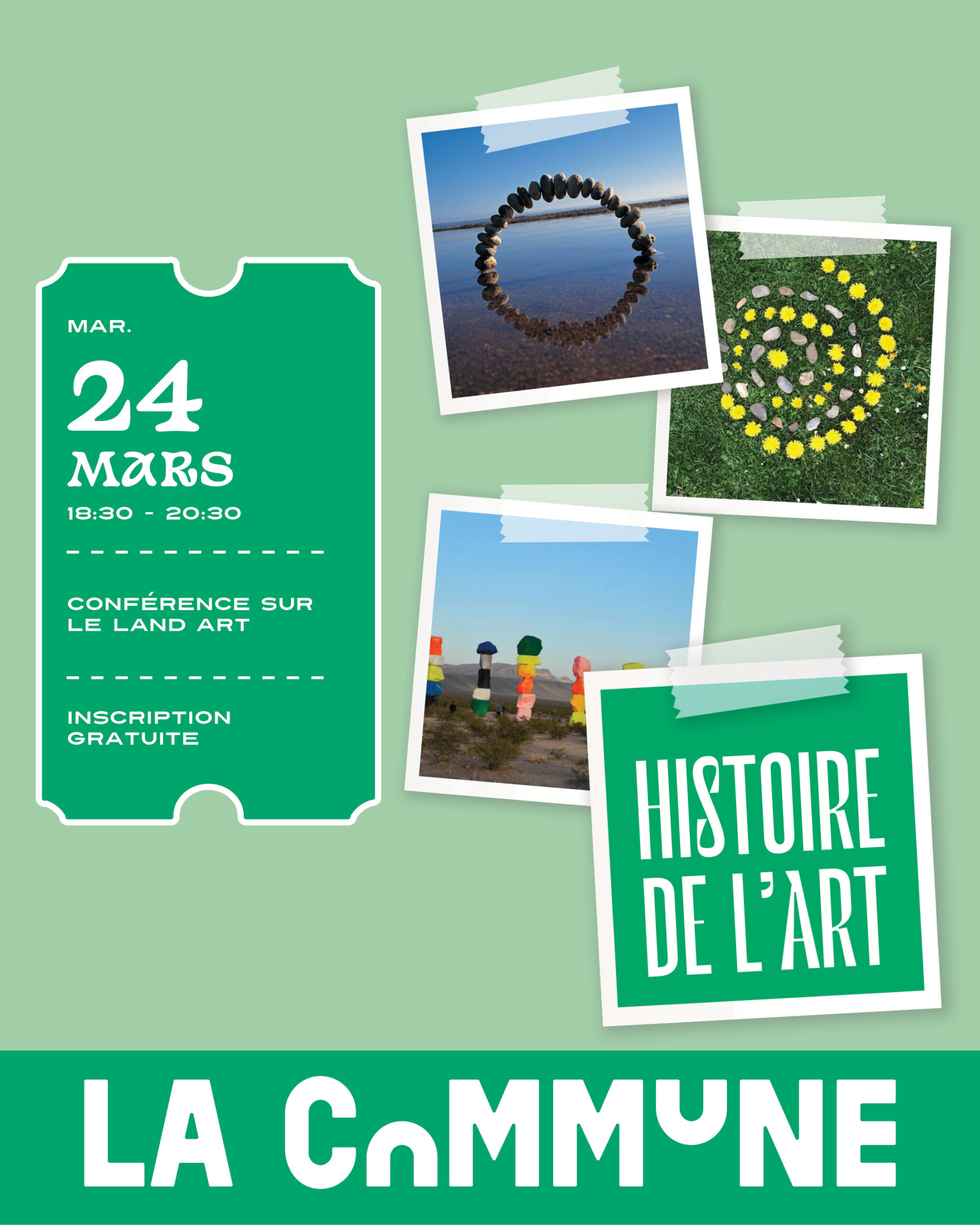 Conférence sur le Land Art à La Commune : origines du mouvement, œuvres in situ et analyse de Robert Smithson, Nancy Holt, Michael Heizer et Ágnes Dénes. Exploration des liens entre art, paysage et environnement.