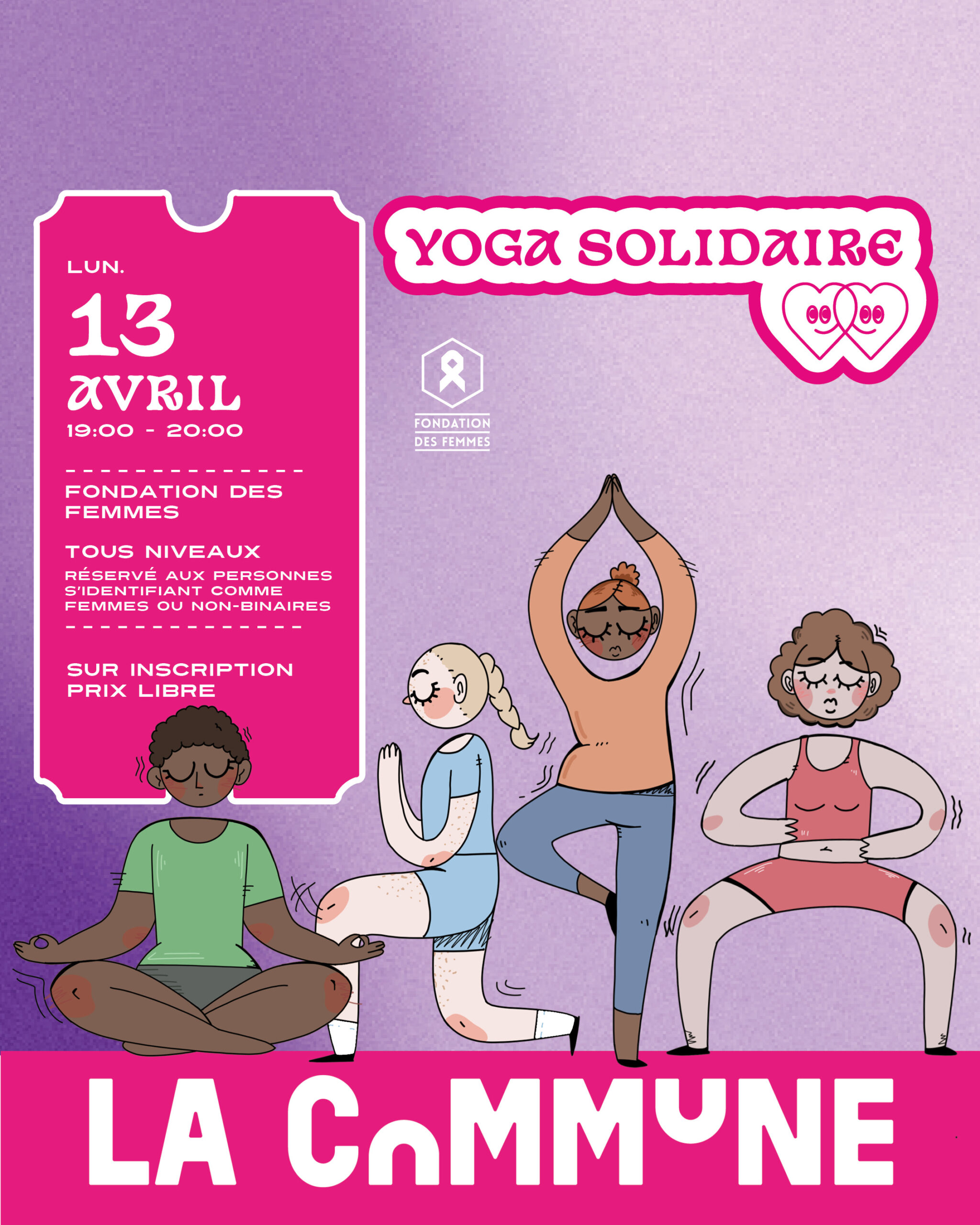 Cours de yoga solidaire pour femmes et personnes non-binaires &agrave; Lyon. Moment de bien-&ecirc;tre accessible &agrave; tous niveaux, participation libre au profit de la Fondation des Femmes.