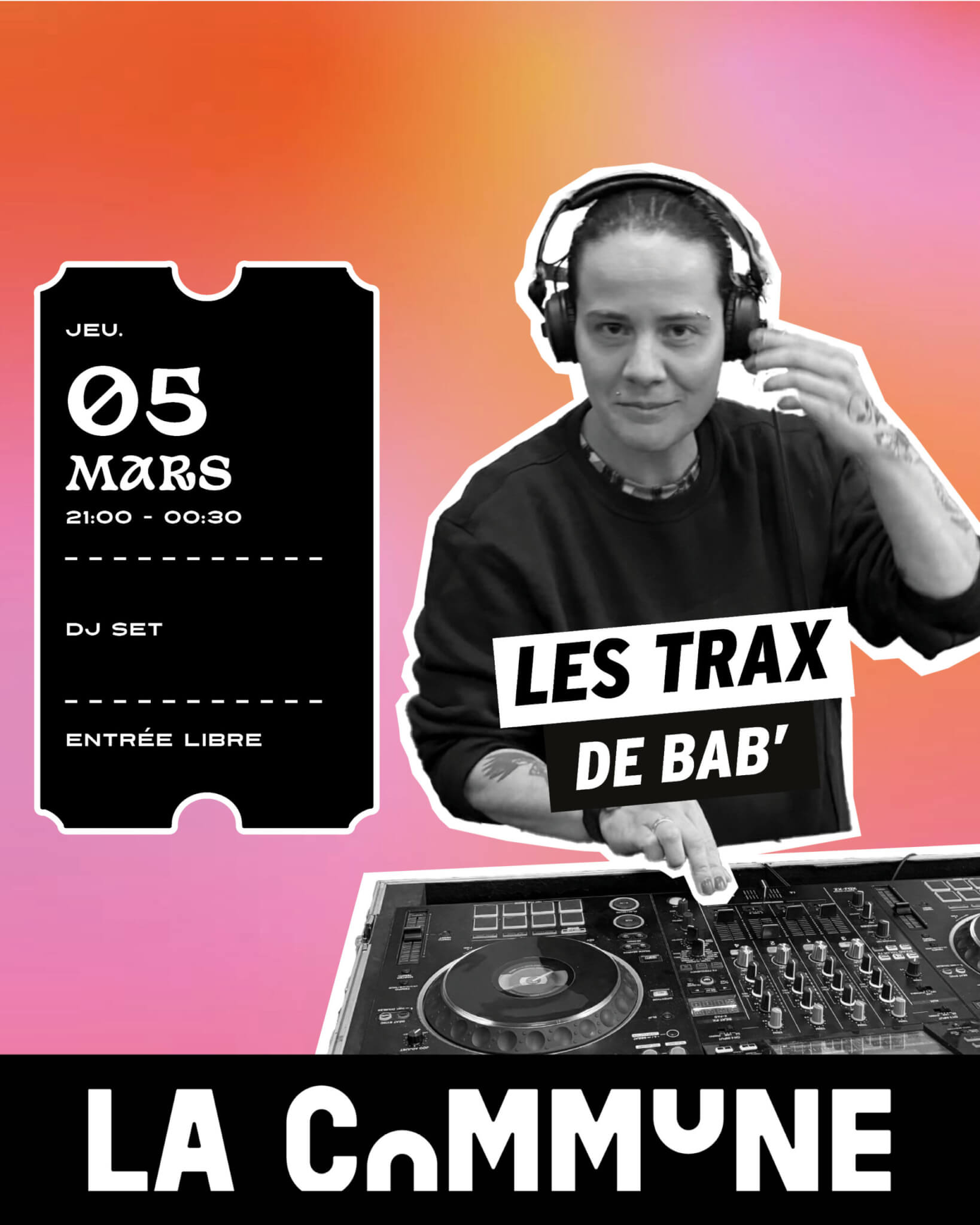 DJ et productrice lyonnaise, Bab’ propose des sets techno et hard techno puissants, sombres et immersifs. Une expérience électronique intense, en entrée libre.