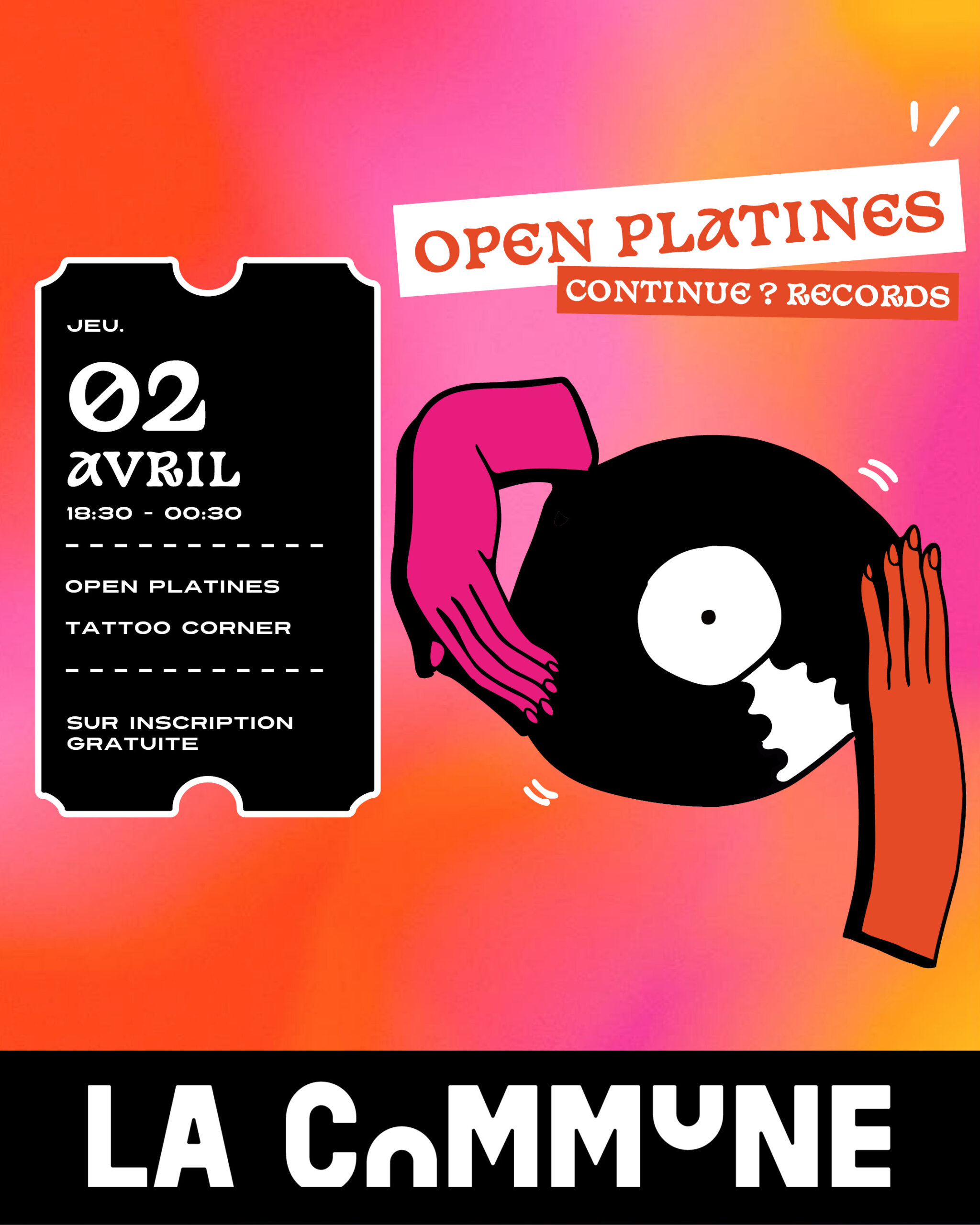 Open Platine à La Commune : venez mixer devant le public et un jury de Continue? Records. Les meilleurs DJs joueront ensuite lors de La Halte !