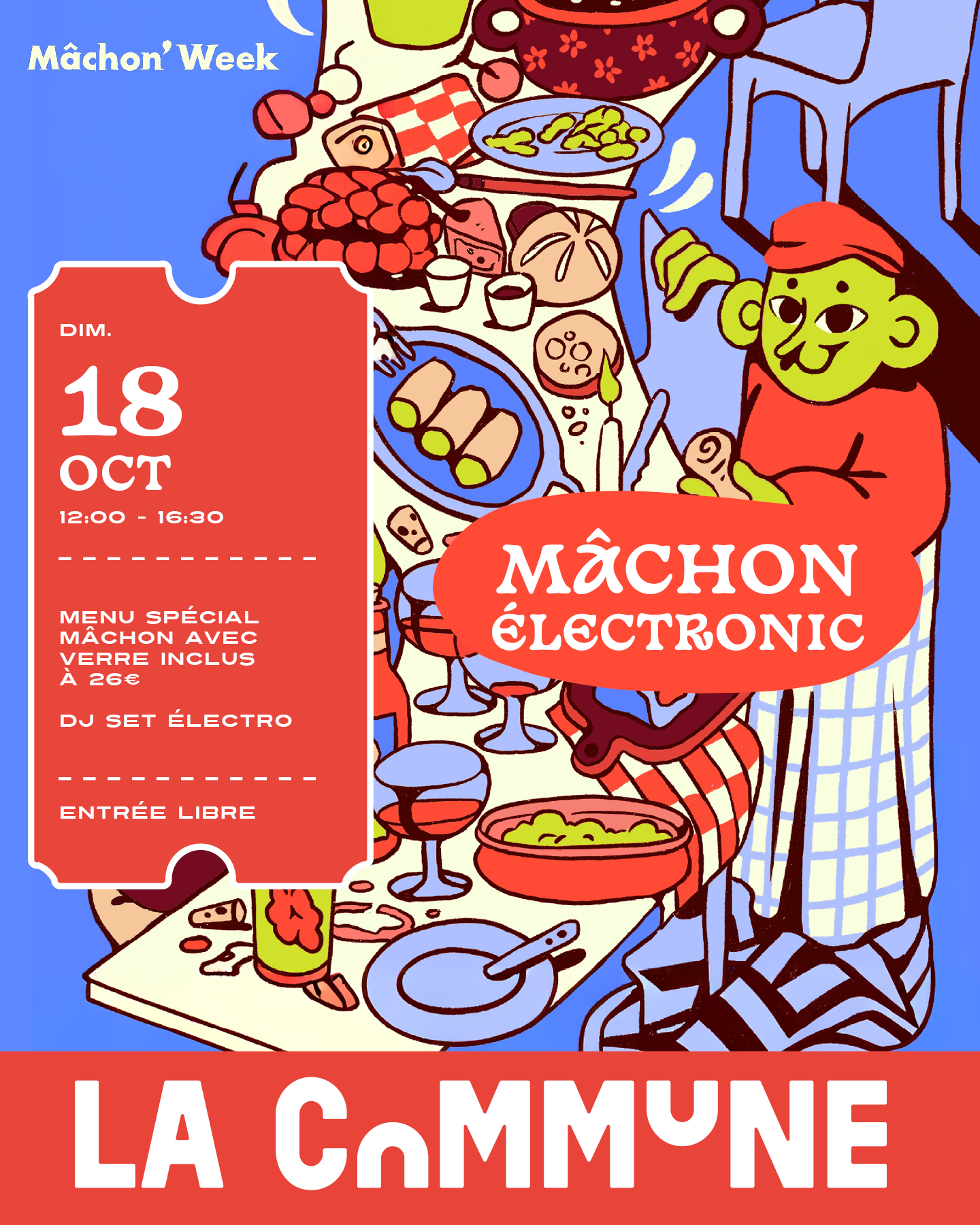 Terminez la Mâchon’Week à La Commune à Lyon avec Mâchon Electronic : menus lyonnais, vins du Chai Saint Olive et DJ set house-électro.