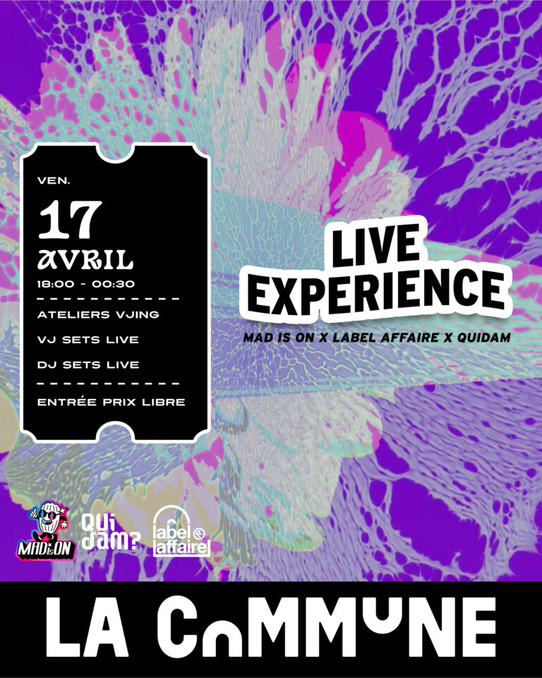 Soirée immersive électro à Lyon : expo interactive, performances VJ et DJ set évolutif entre melodic house, techno et groovy techno. Entrée à prix libre à La Commune.