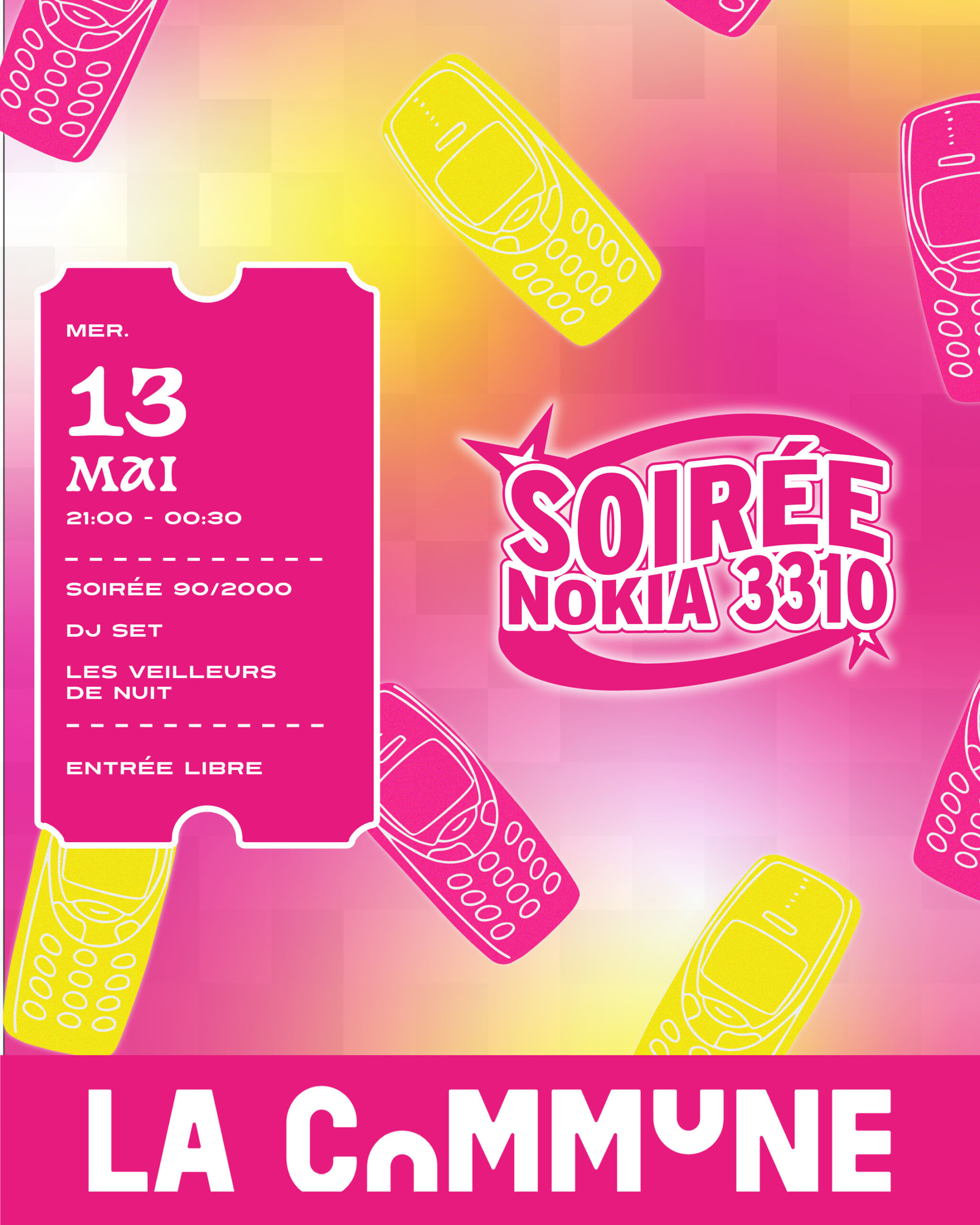 Soirée Nokia 3310 : plongez dans les années 90 / 2000 avec les plus grands hits pop et R&B. Ambiance rétro, dancefloor et entrée libre de 21h à 00h30..