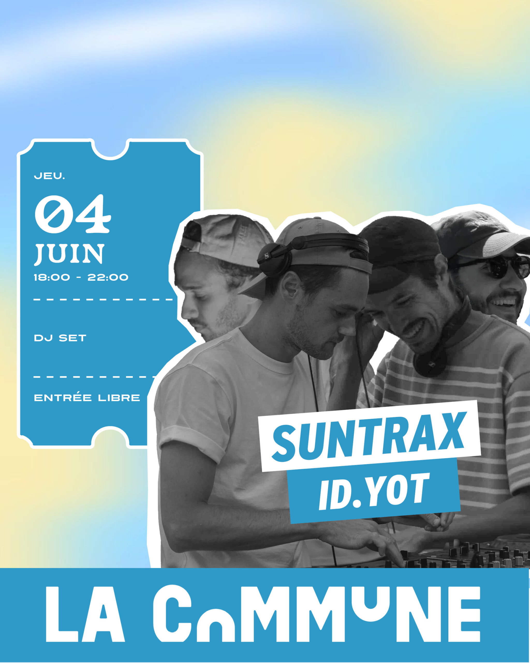 SUNTRAX accueille id.YOT pour un DJ set entre house, disco, funk et électro. Collectif lyonnais passionné à découvrir en live à La Commune. Entrée libre.