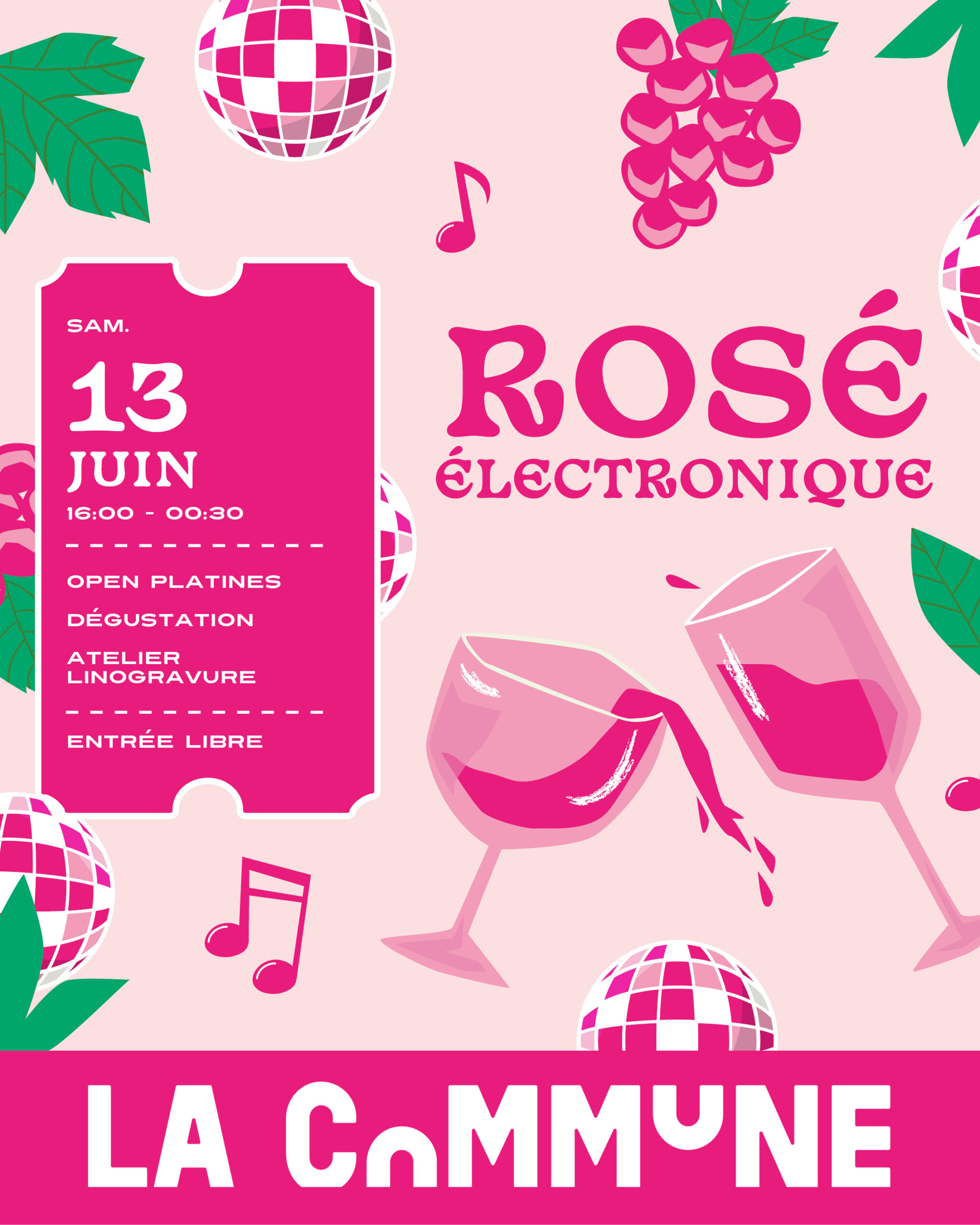 Rosé électronique à la commune : dégustation de rosé, open platines, atelier de linogravure et ambiance électro en terrasse. entrée libre.