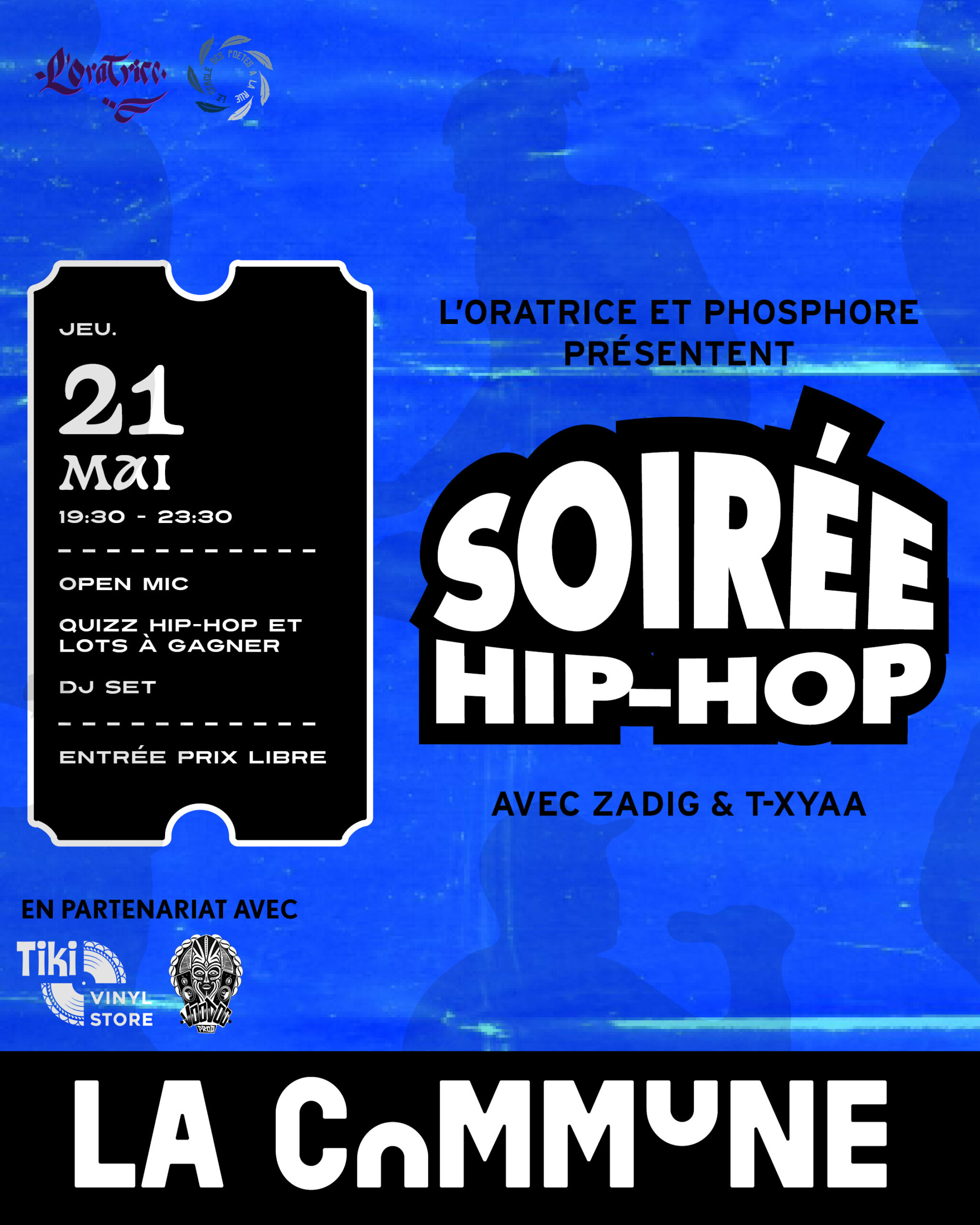 Le 21 mai, La Commune organise une soirée hip-hop avec open mic, quiz culture hip-hop et DJ sets. Entrée à prix libre, ambiance festive et participative.