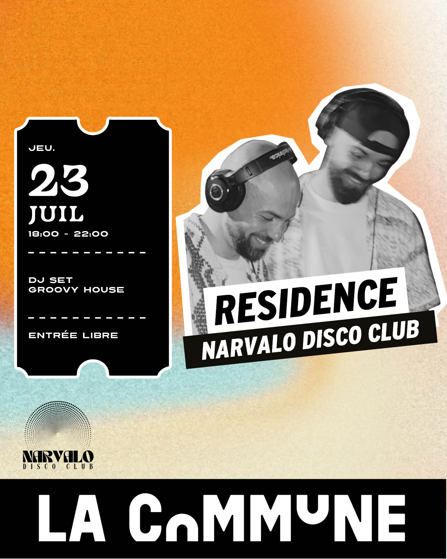 Narvalo Disco Club s'installe à La Commune pour une résidence estivale. Découvrez plusieurs DJ sets aux sonorités disco, house, funk et groovy. Entrée libre.