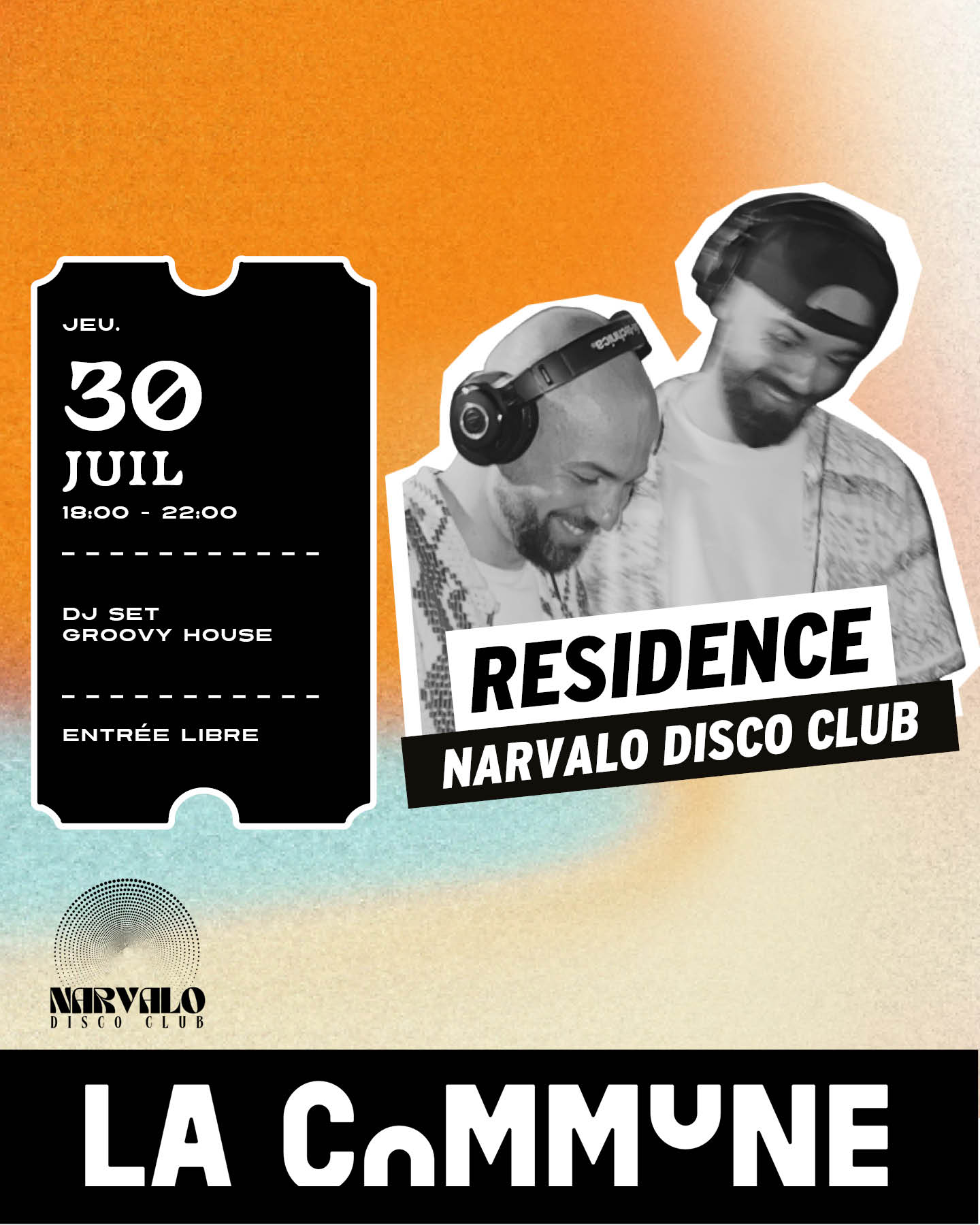Narvalo Disco Club s'installe &agrave; La Commune pour une r&eacute;sidence estivale. D&eacute;couvrez plusieurs DJ sets aux sonorit&eacute;s disco, house, funk et groovy. Entr&eacute;e libre.